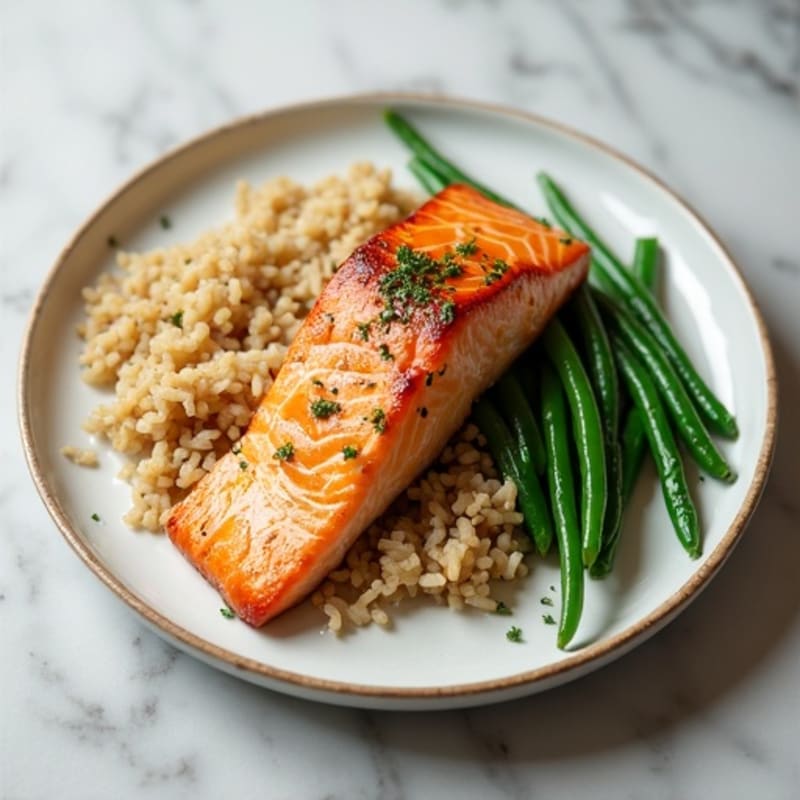 Seared Salmon with Garlic Green Beans and Brown Rice