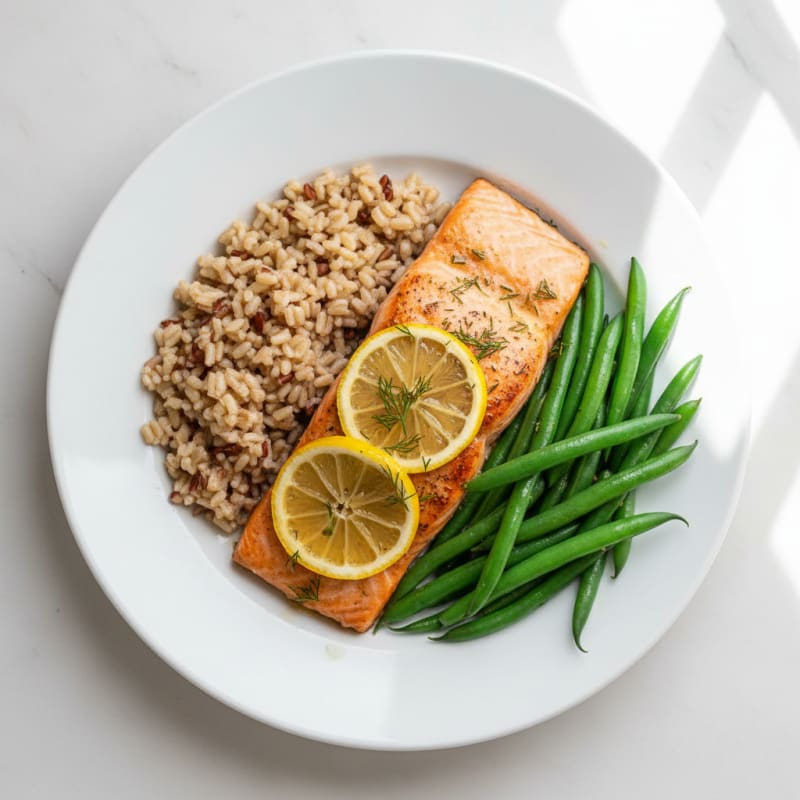Baked Salmon Fillet with Steamed Green Beans and Brown Rice