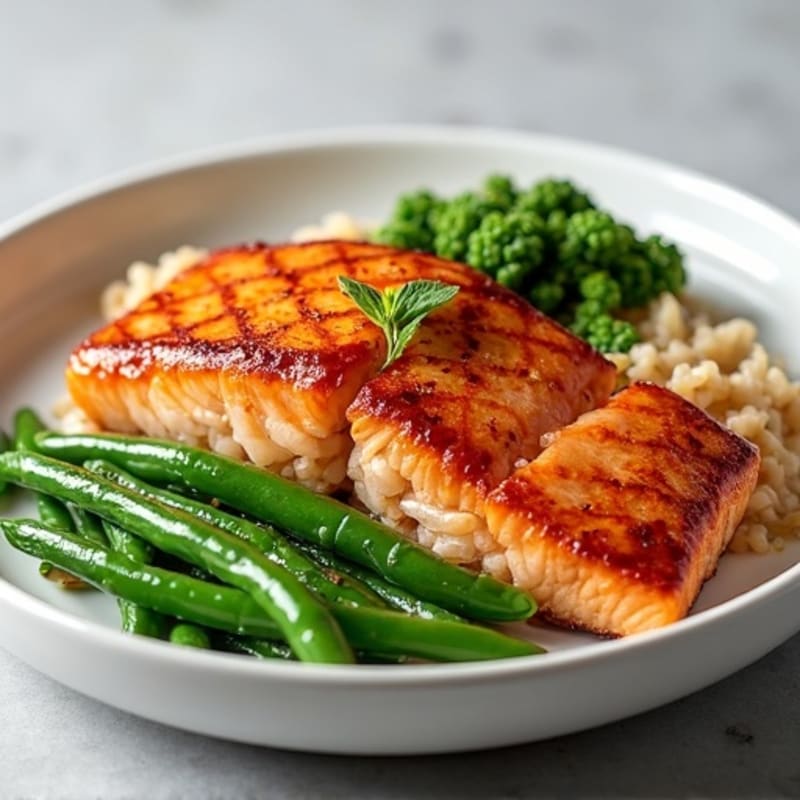 Seared Salmon Fillet with Steamed Green Beans and Brown Rice