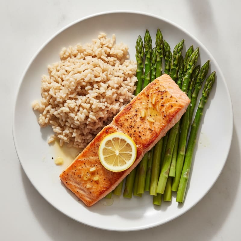 Seared Salmon with Steamed Asparagus and Brown Rice