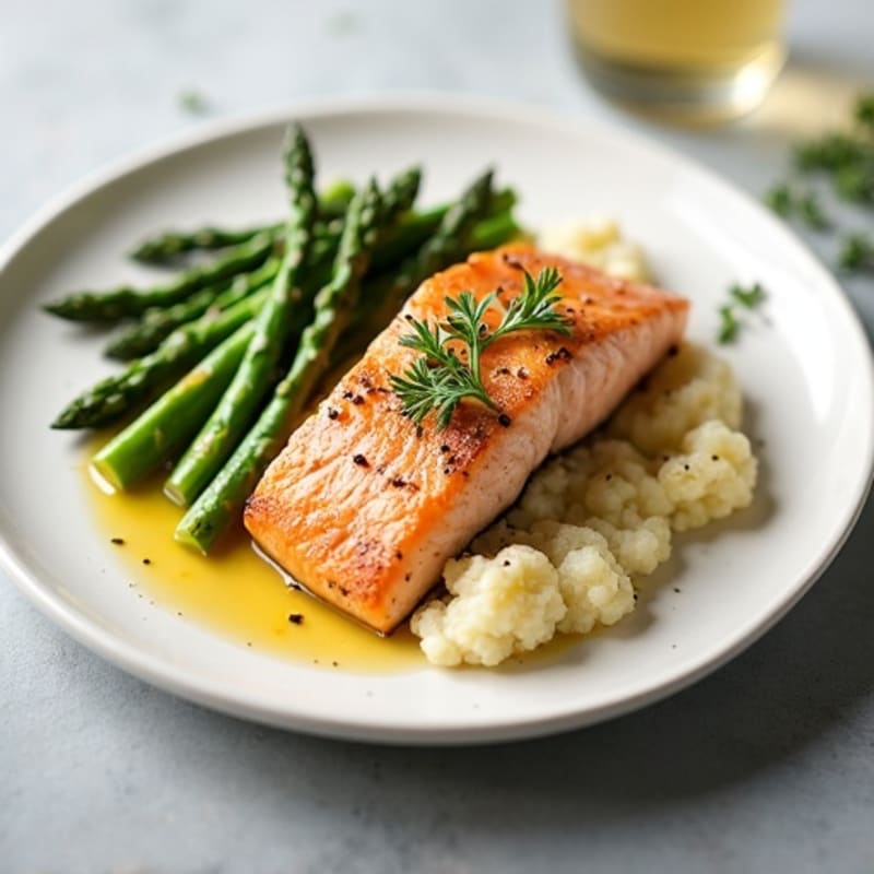 Seared Salmon with Steamed Asparagus and Cauliflower Mash