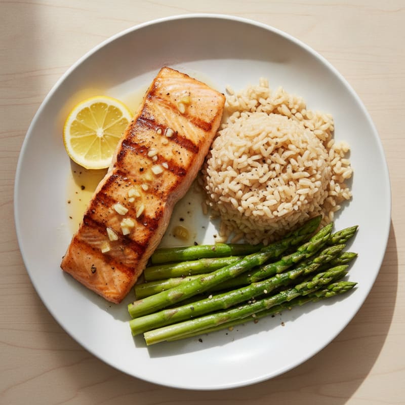 Grilled Salmon with Steamed Asparagus and Brown Rice