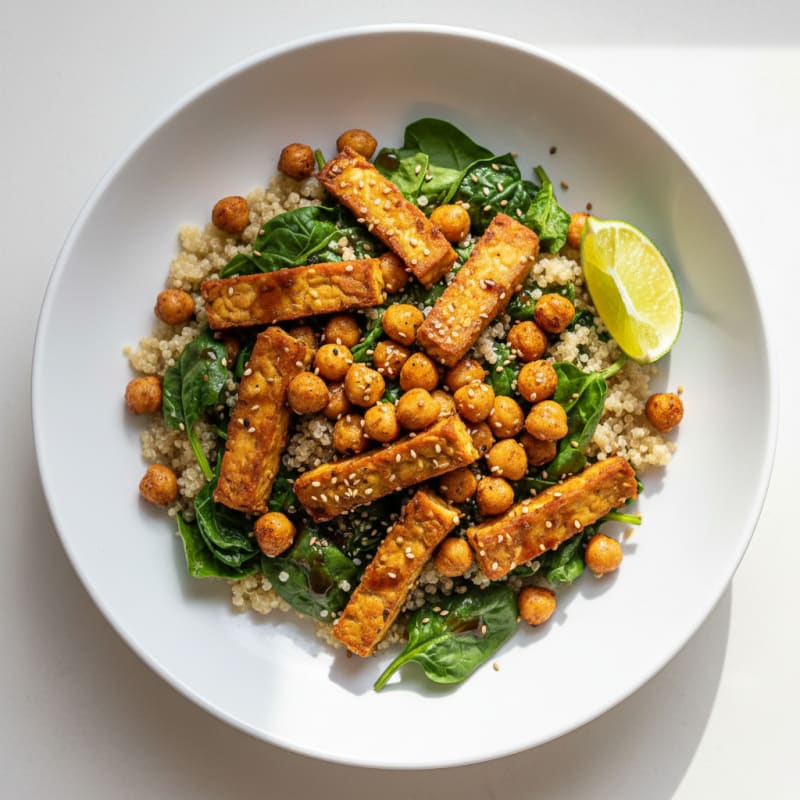 Crispy Tempeh and Quinoa Bowl with Roasted Chickpeas