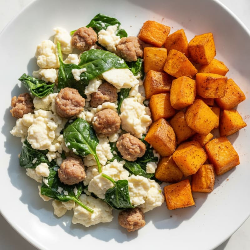 Egg White and Turkey Sausage Scramble with Spinach and Roasted Sweet Potatoes