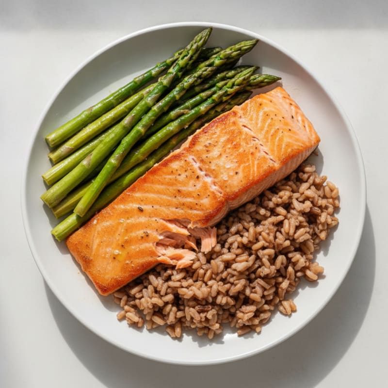 Seared Salmon with Steamed Asparagus and Brown Rice