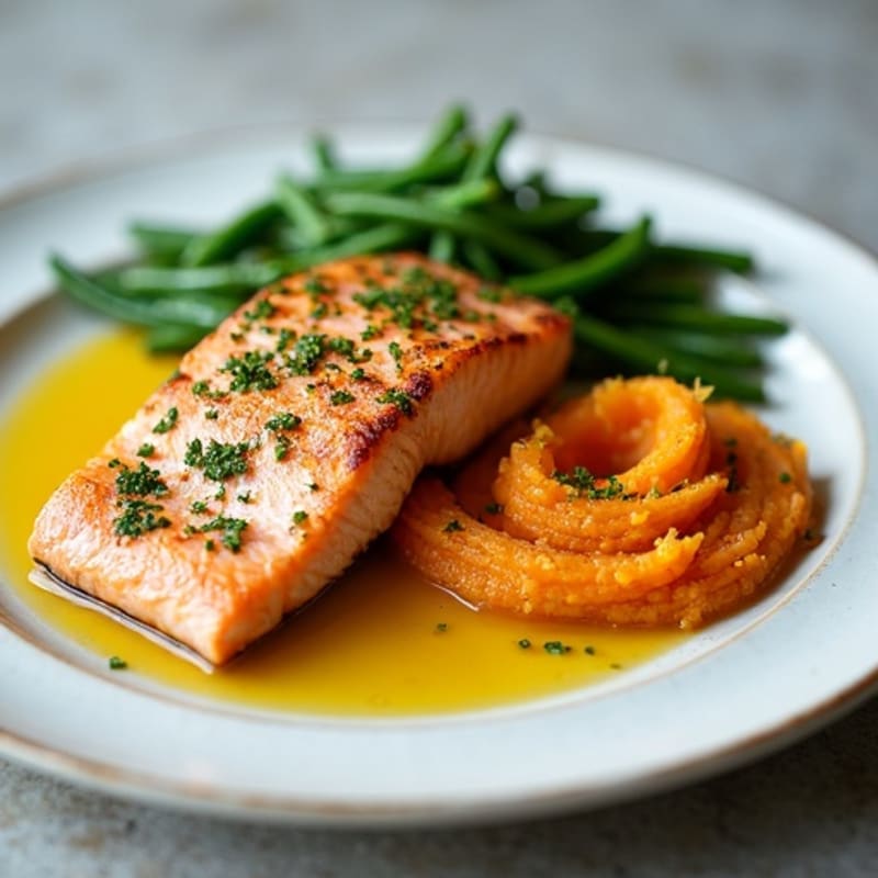 Seared Salmon with Steamed Green Beans and Sweet Potato Mash