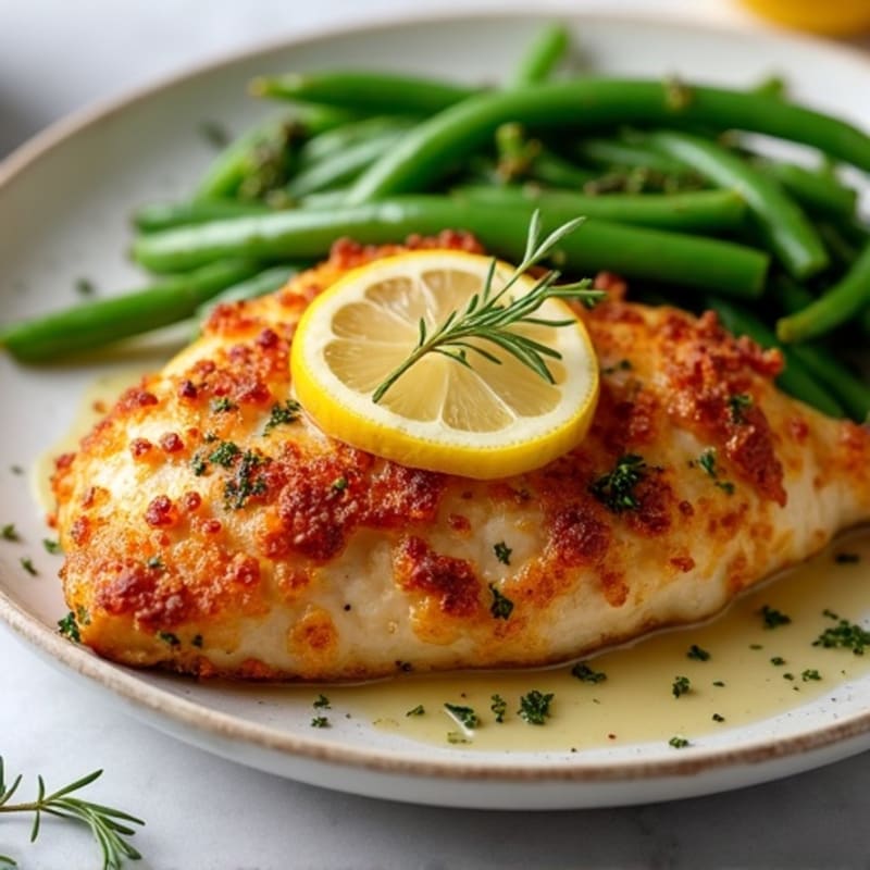 Crispy Lemon-Herb Pan-Seared Chicken with Garlicky Roasted Green Beans
