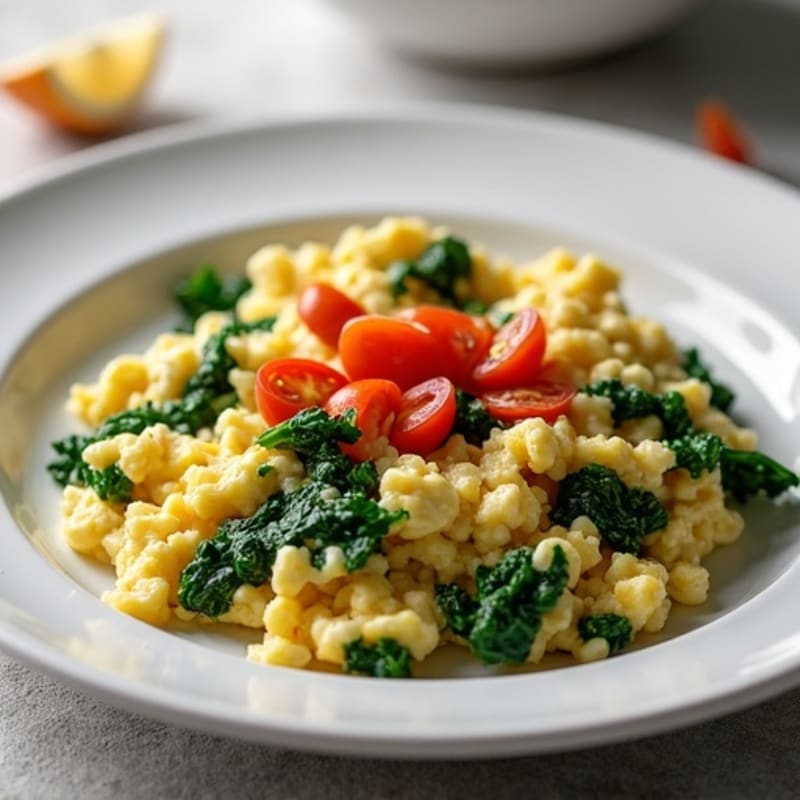 Egg White Spinach Scramble with Cottage Cheese and Sautéed Tomatoes