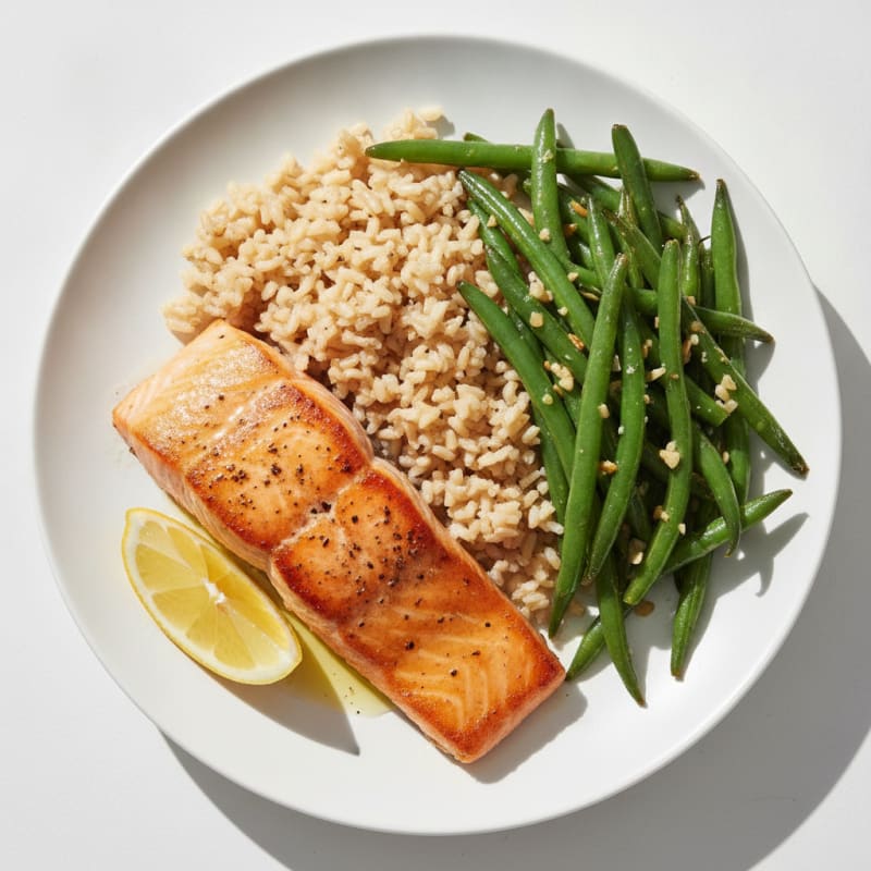 Seared Salmon with Garlic Green Beans and Brown Rice