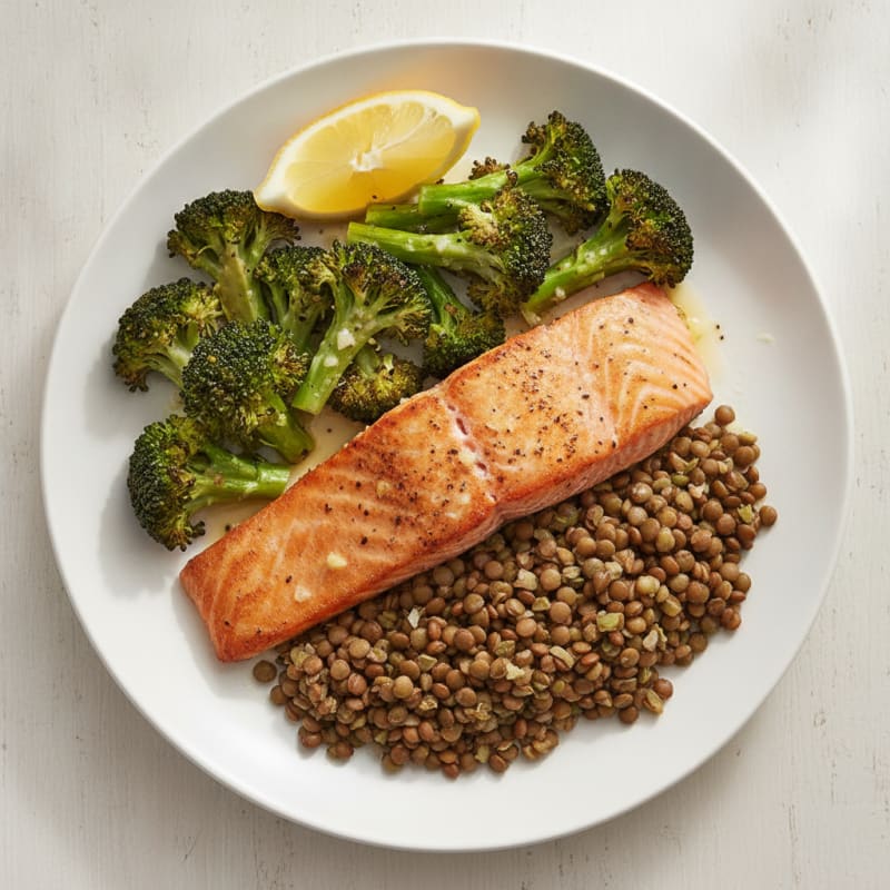 Seared Salmon Fillet with Roasted Broccoli and Lentils
