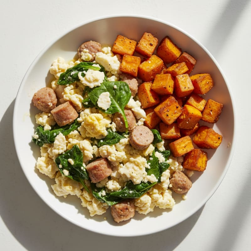 Egg White and Turkey Sausage Scramble with Spinach and Roasted Sweet Potato
