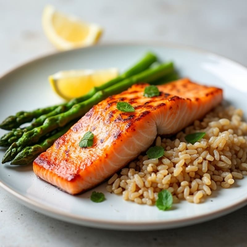 Seared Salmon Fillet with Steamed Asparagus and Brown Rice