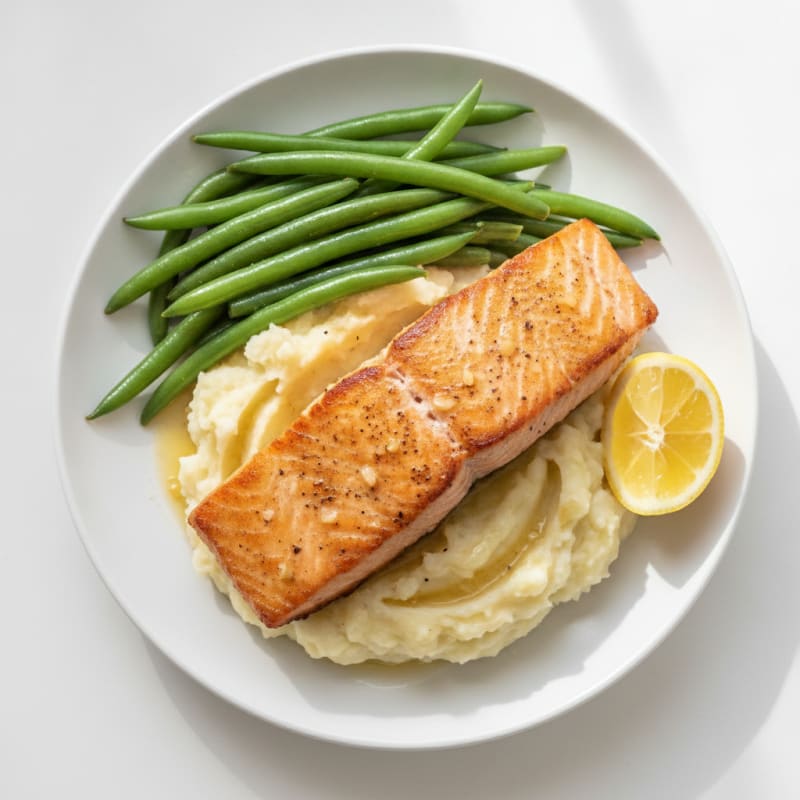 Seared Salmon with Steamed Green Beans and Garlic Mashed Potatoes