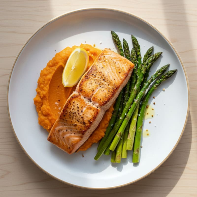 Seared Salmon Fillet with Roasted Asparagus and Sweet Potato Mash