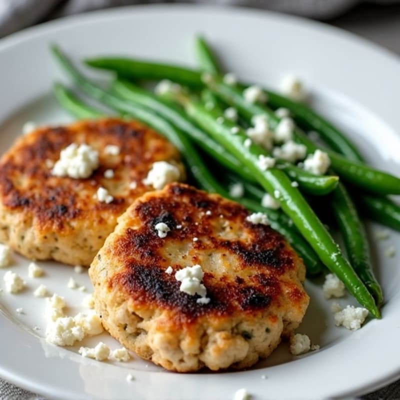 Seared Turkey Patties with Garlic Green Beans and Feta
