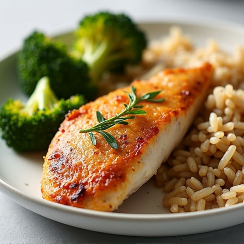Pan-Seared Chicken with Roasted Broccoli and Fluffy Brown Rice