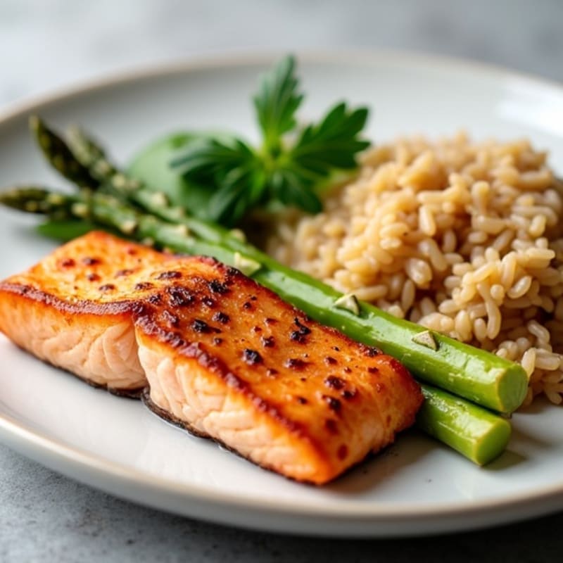 Seared Salmon with Steamed Asparagus and Brown Rice