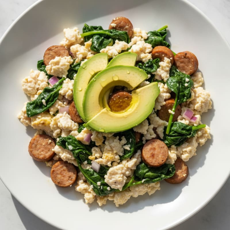 Egg White Scramble with Turkey Sausage and Sautéed Spinach