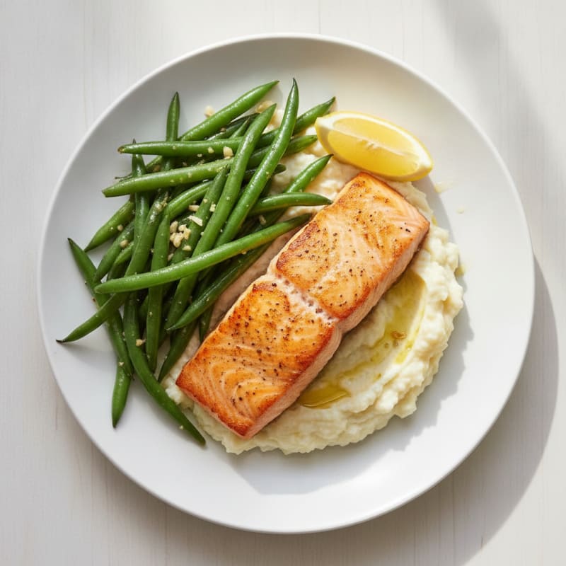 Seared Salmon with Garlic Green Beans and Cauliflower Mash