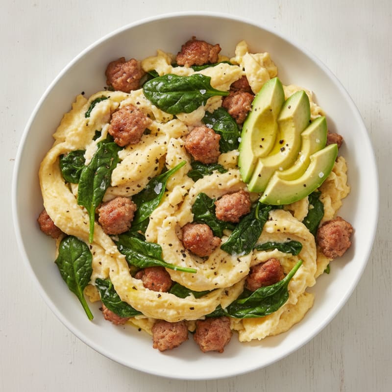 Scrambled Egg Whites with Turkey Sausage and Sautéed Spinach