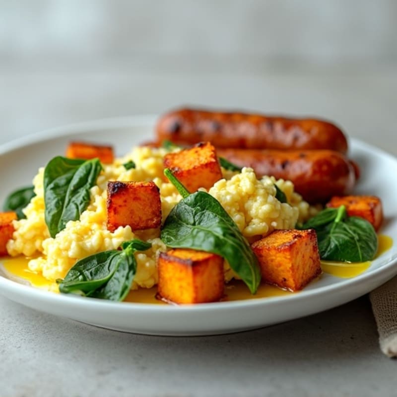 Egg White and Spinach Scramble with Turkey Sausage and Roasted Sweet Potato