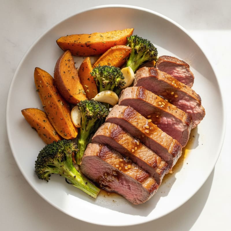Seared Venison with Roasted Sweet Potatoes and Broccoli