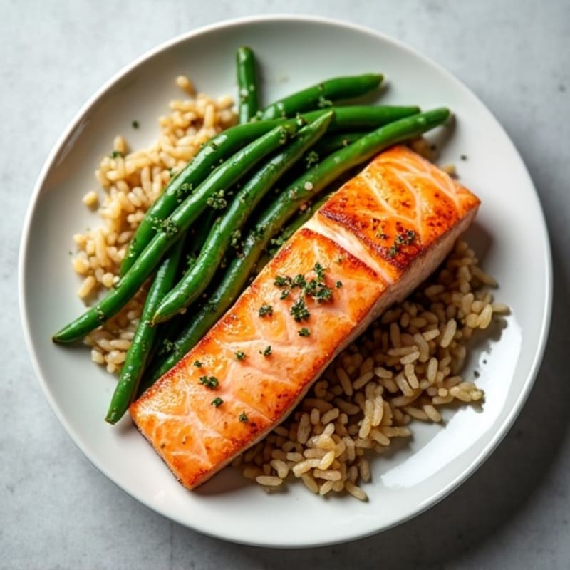 Seared Salmon with Garlic Green Beans and Brown Rice