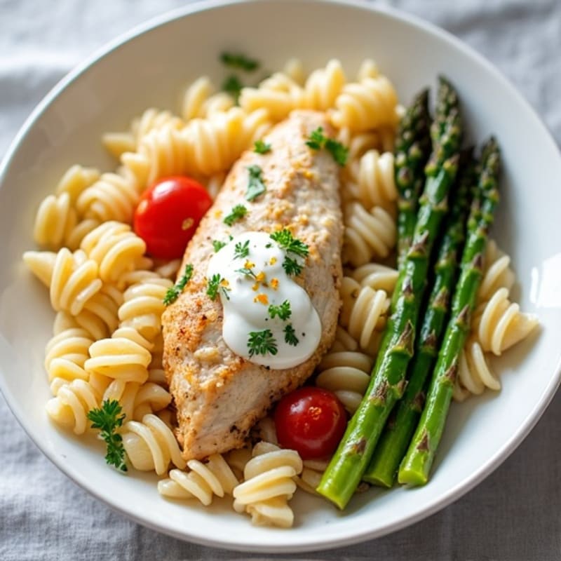 Creamy Lemon-Garlic Chicken Pasta with Roasted Asparagus