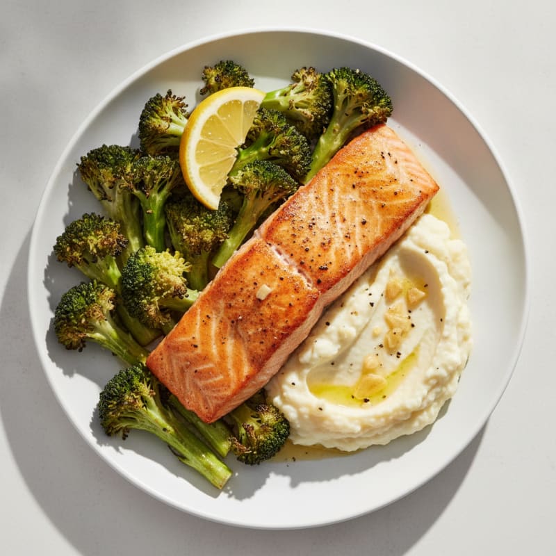 Seared Salmon with Roasted Broccoli and Garlic Mashed Cauliflower