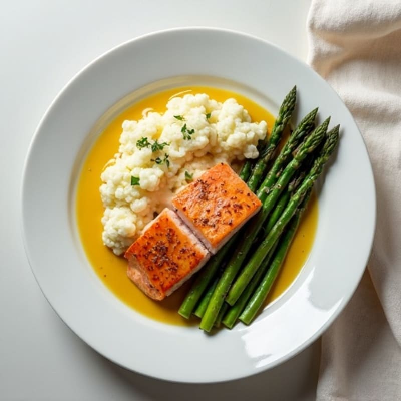 Seared Salmon Fillet with Steamed Asparagus and Mashed Cauliflower