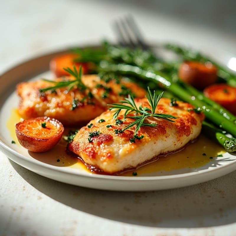 Crispy Lemon Herb Chicken with Roasted Asparagus and Sweet Potatoes