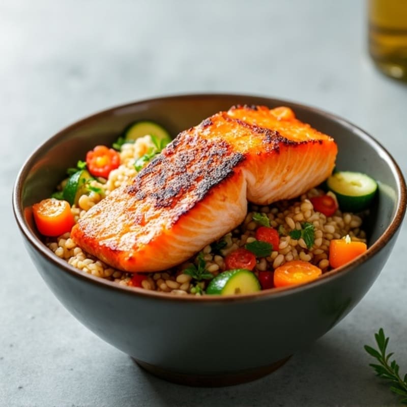 Fresh Salmon and Crispy Vegetable Rice Bowl