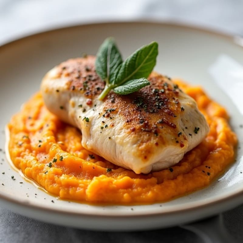 Herb-Roasted Chicken with Creamy Vanilla Sweet Potato Puree and Crispy Sage