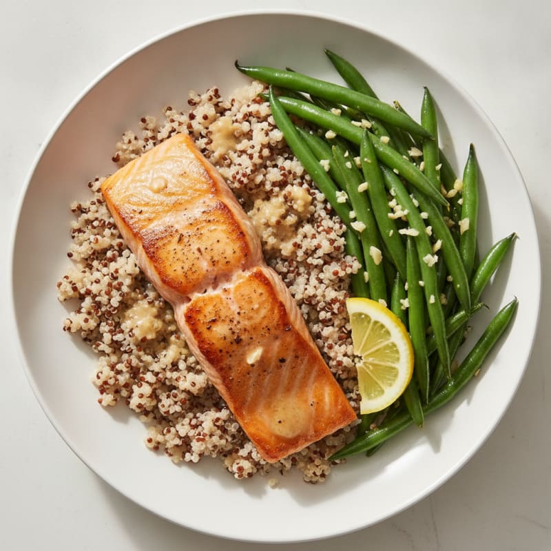 Seared Salmon Fillet with Garlic Green Beans and Quinoa