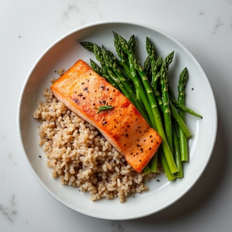 Seared Salmon Fillet with Steamed Asparagus and Brown Rice