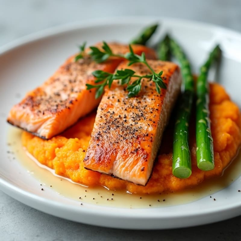 Seared Salmon Fillet with Roasted Asparagus and Sweet Potato Mash