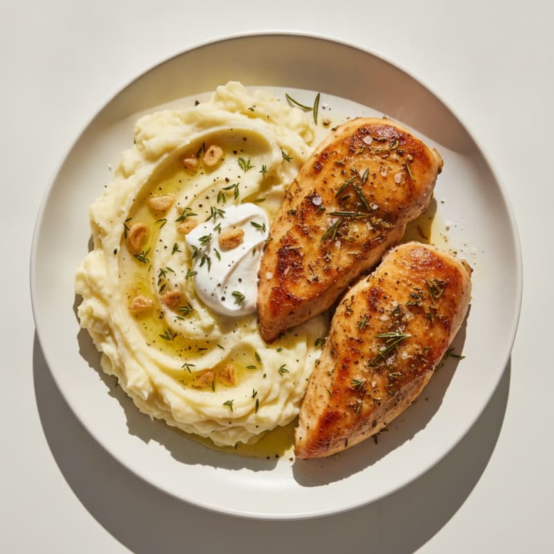 Buttery Garlic Mashed Potatoes with Herb Roasted Chicken
