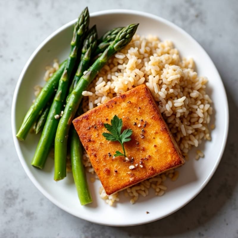 Crispy Baked Tofu with Garlic Roasted Asparagus and Brown Rice