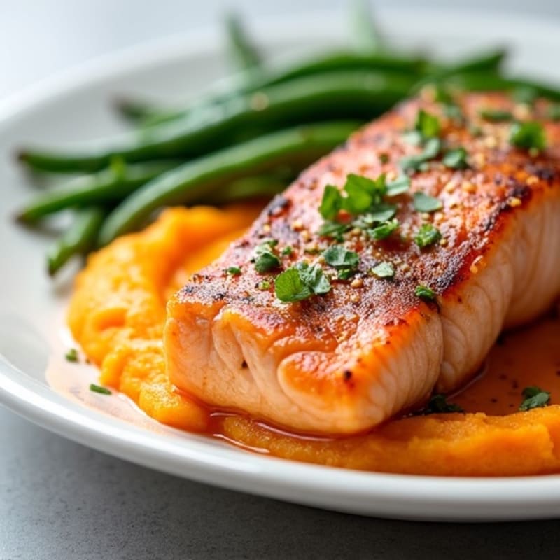 Seared Salmon with Garlic Green Beans and Sweet Potato Mash