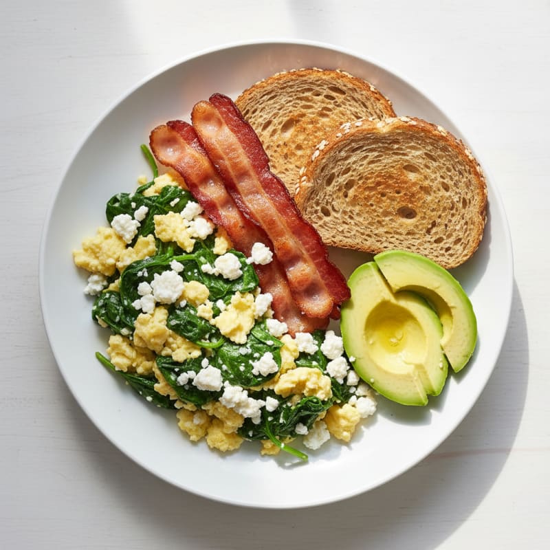 Cottage Cheese Scramble with Spinach and Turkey Bacon