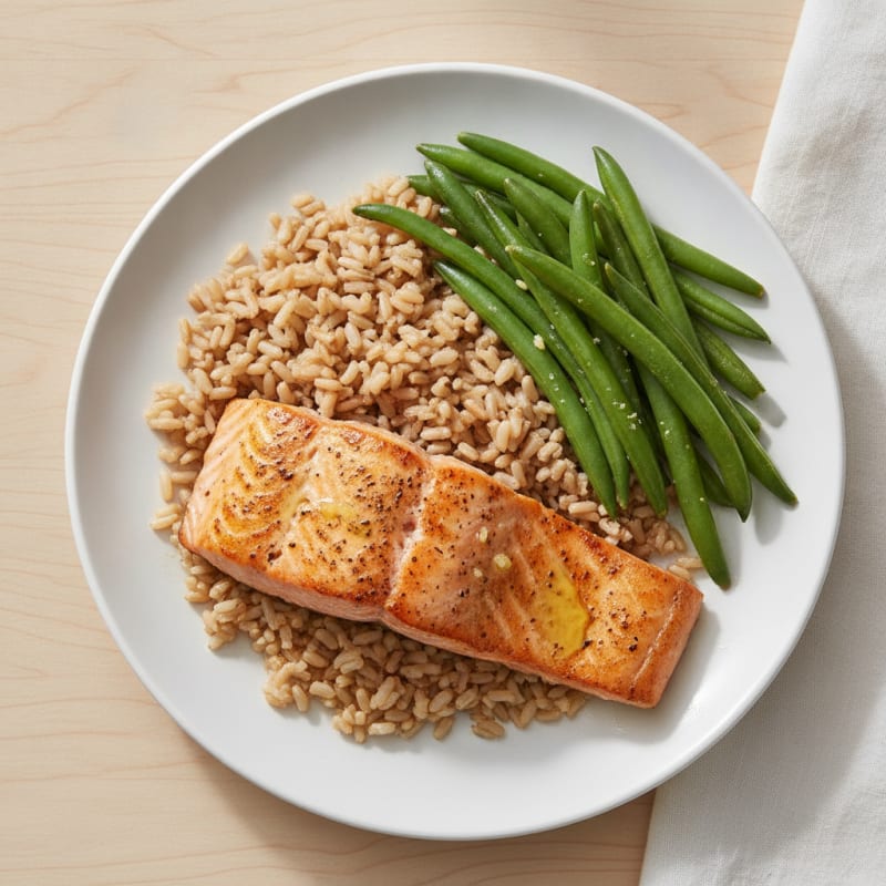 Seared Salmon Fillet with Steamed Green Beans and Brown Rice