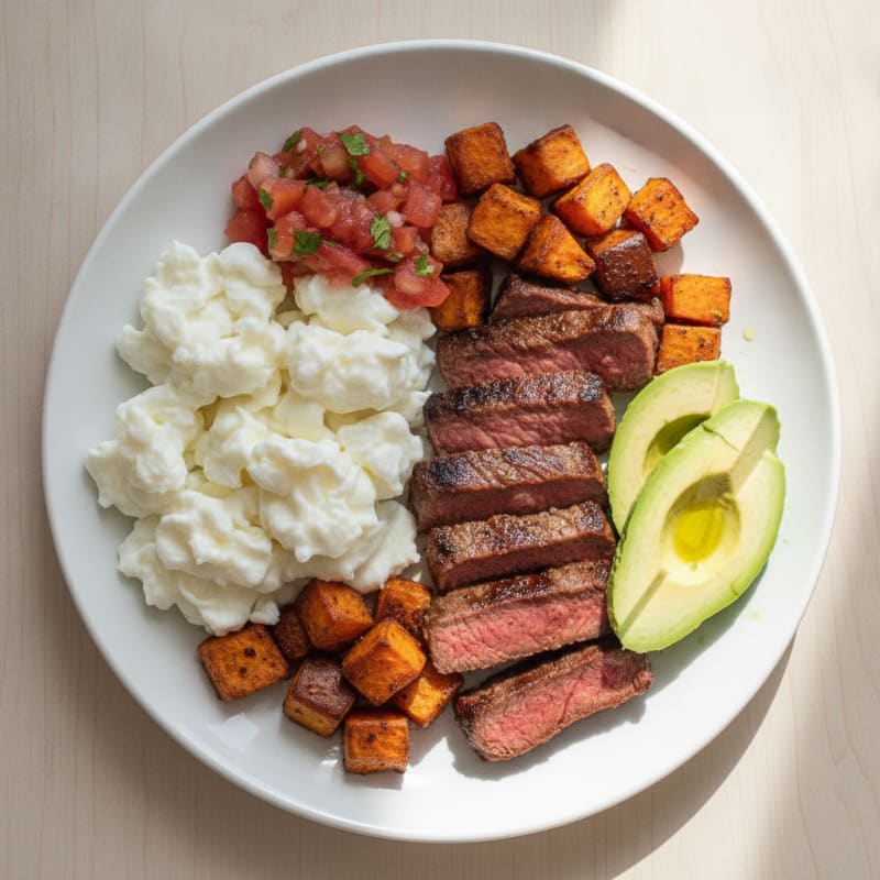 Scrambled Egg Whites with Seared Steak and Roasted Sweet Potato
