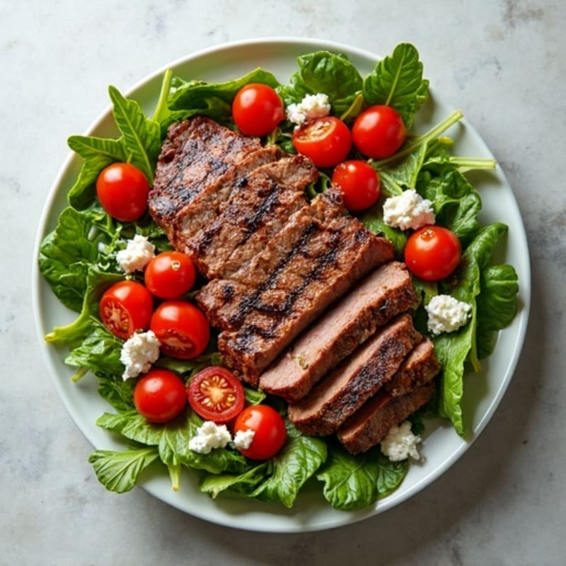 Grilled Beef Steak Salad with Cherry Tomatoes and Mixed Greens