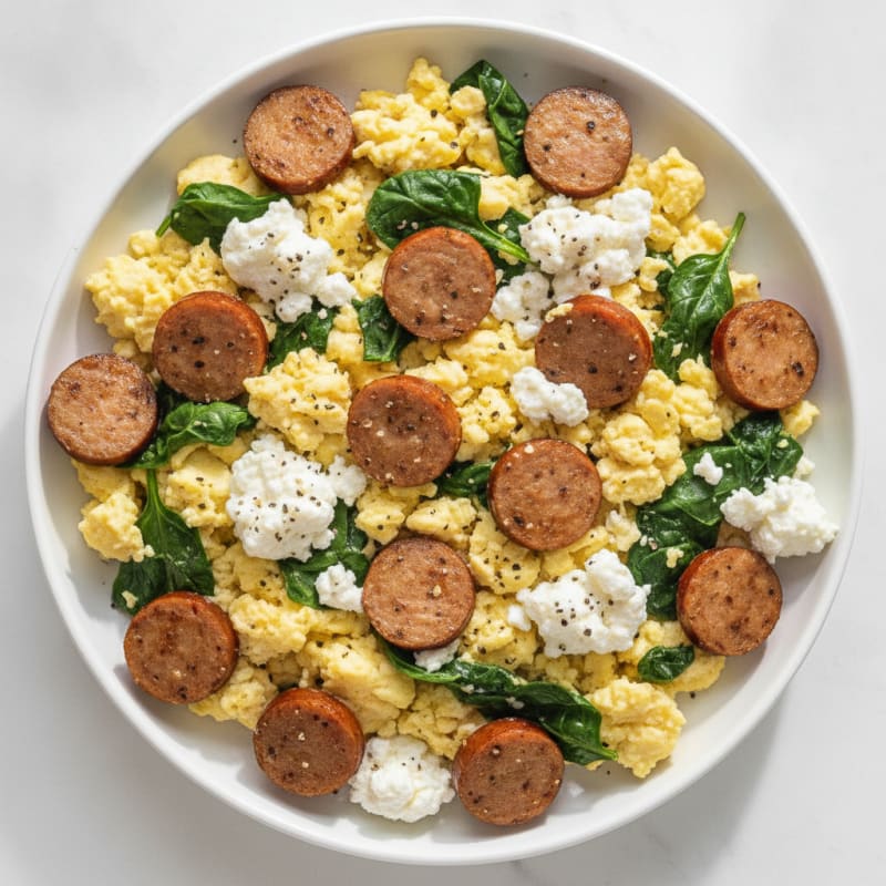 Cottage Cheese Scramble with Spinach and Turkey Sausage