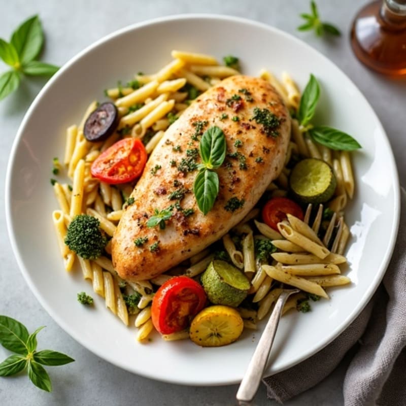 Chicken Pesto Whole Wheat Pasta with Roasted Vegetables