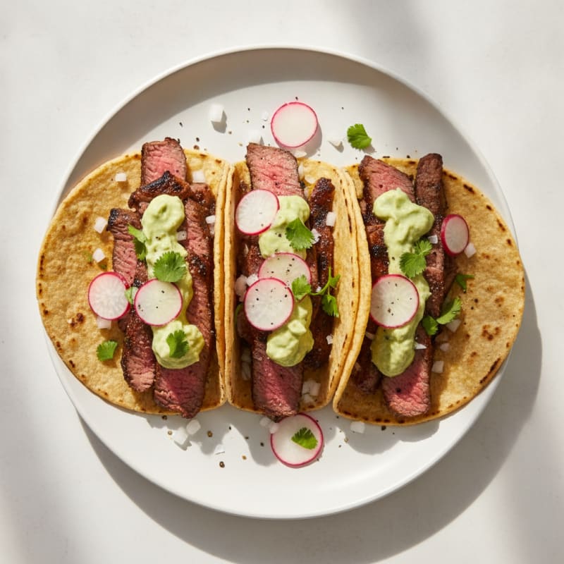 Carne Asada Tacos with Avocado Crema