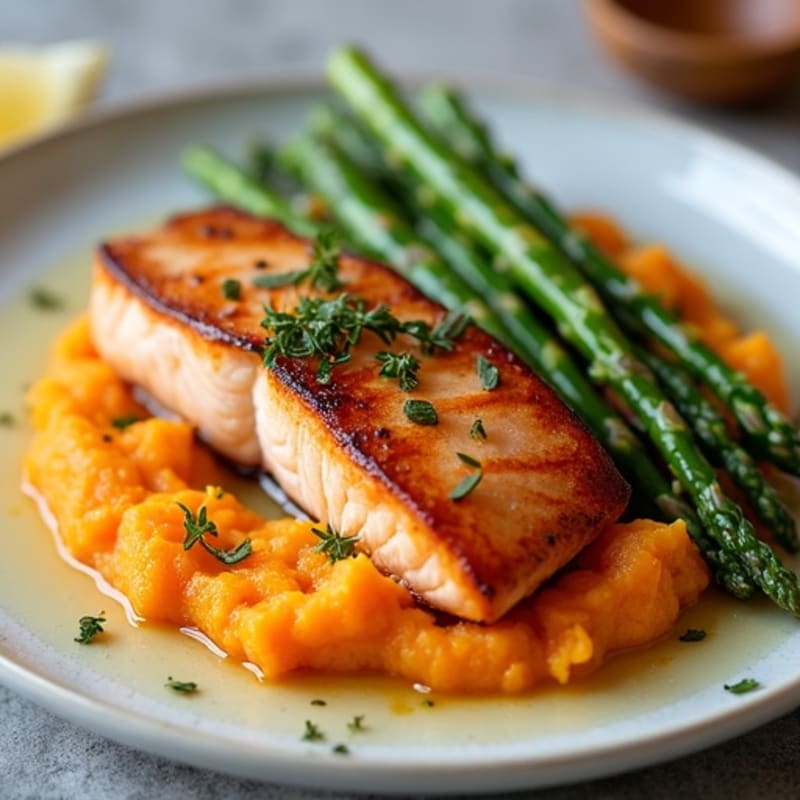 Seared Salmon Fillet with Roasted Asparagus and Sweet Potato Mash