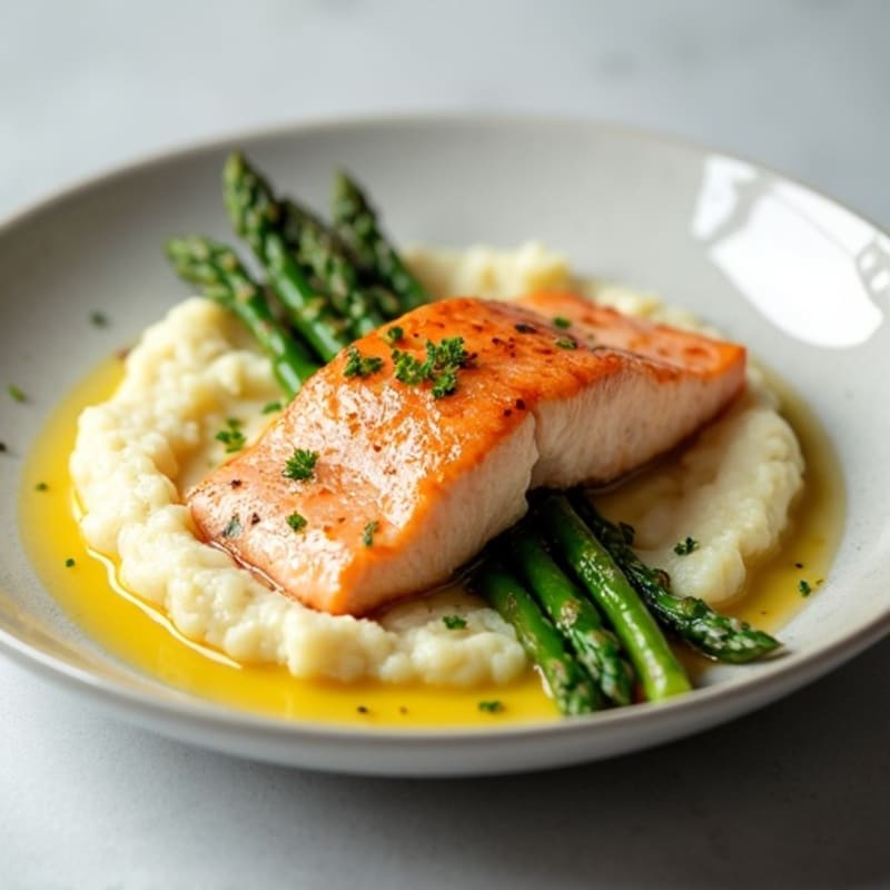Seared Salmon with Steamed Asparagus and Cauliflower Mash