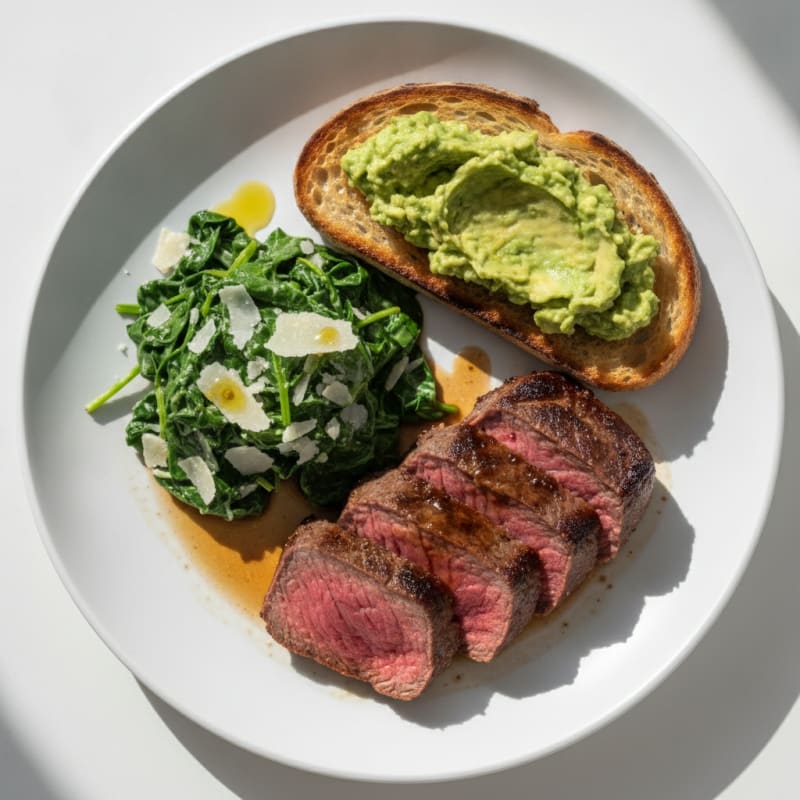 Roasted Beef Tenderloin with Cheesy Sautéed Greens and Toasted Bread