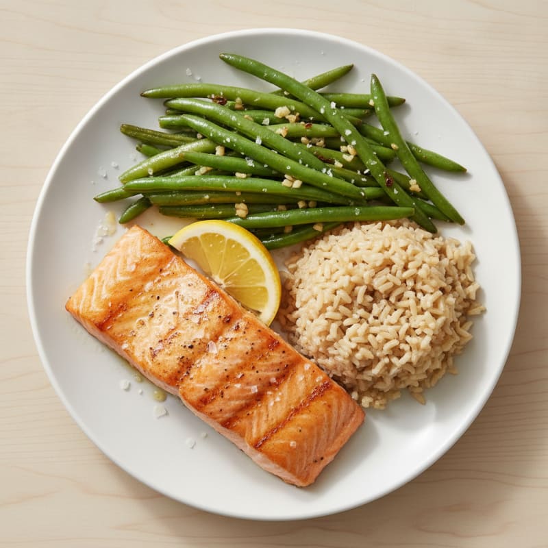 Seared Salmon with Garlic Green Beans and Brown Rice